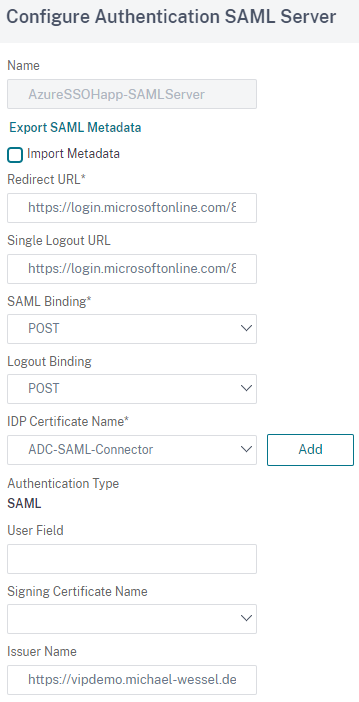 Screenshot mögliche Konfiguration aus dem Configure Authentication SAML Server