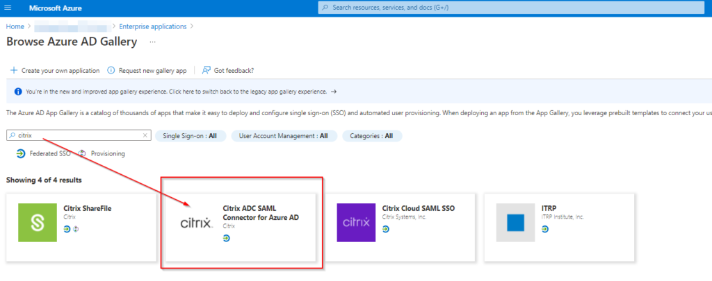 Auswählen einer Vorlage im Browse Azure AD Gallery für das Citrix SAML Add On